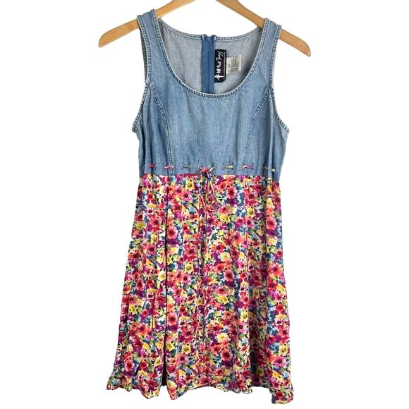 Vintage Floral Flowing and Denim Dress Tie Waist 1990s - Picture 1 of 6